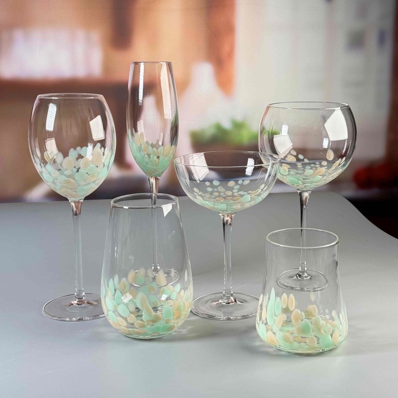 Kalite Customized Hand Blowned Half-confetti Lead Free Crystal Wine Glass Set Fabrika