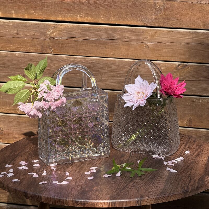Kalite Hand-Blown Diamond Pattern Glass Handbag Vase - Versatile Decorative Centerpiece for Home & Wedding Decor Fabrika