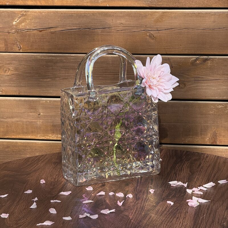 Kalite Hand-Blown Diamond Pattern Glass Handbag Vase - Versatile Decorative Centerpiece for Home & Wedding Decor Fabrika
