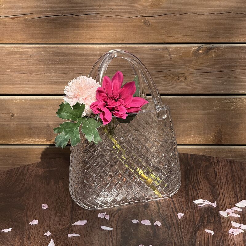 Kalite Hand-Blown Diamond Pattern Glass Handbag Vase - Versatile Decorative Centerpiece for Home & Wedding Decor Fabrika