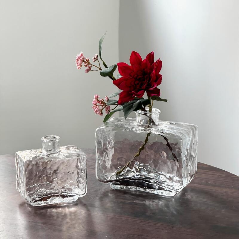 Kalite Rectangular Clear Hammered Glass Vase - Modern Minimalist Decorative Flower Vase for Table Centerpiece Fabrika
