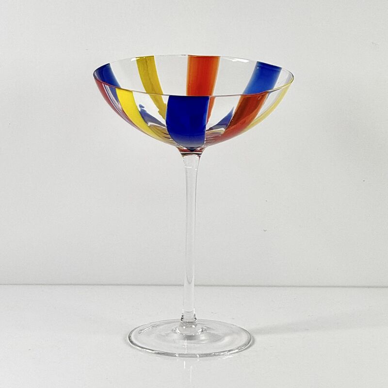 Kalite Hand Blown Art Glass Goblet & Coupe Glass Set, Vibrant Red Yellow Blue Vertical Cane Stripes Murano Style Stemmed Wine & Martini Glasses for Bar, Party & Gift fabrika