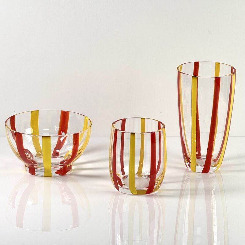 Kalite Hand Blown Colored Cane Striped Glass Tumbler & Bowl Set, Murano Style Red Yellow Vertical Stripe Drinking Cups and Snack Bowl, Lead-Free Art Glass for Water, Juice, Table Decor fabrika