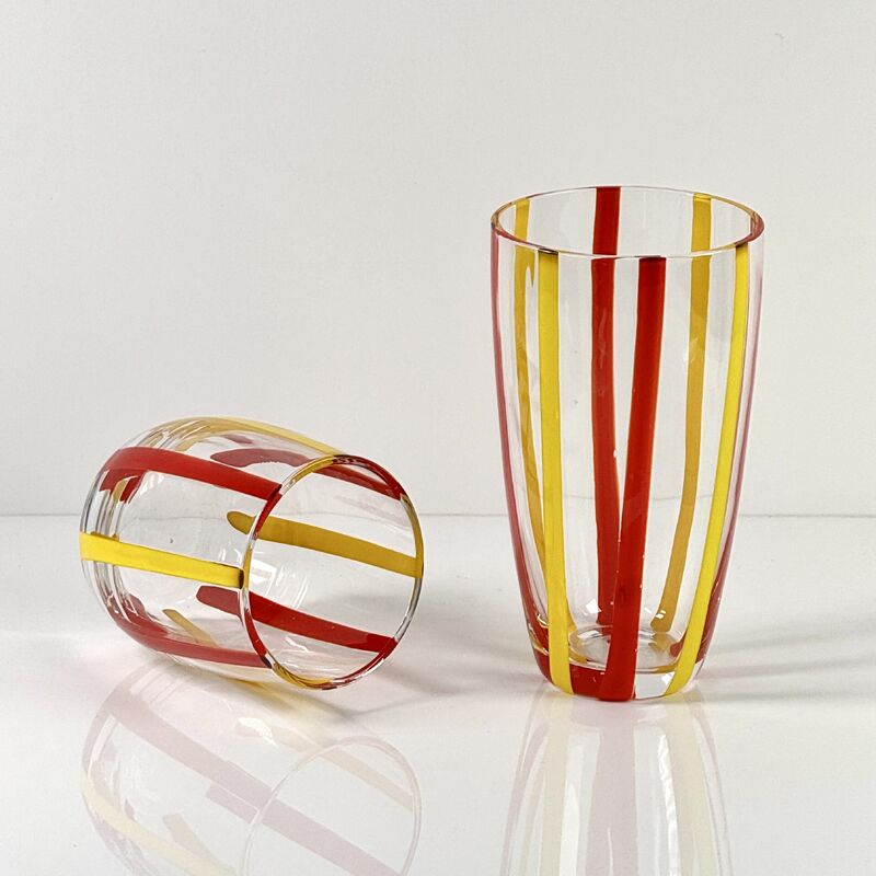 Kalite Hand Blown Colored Cane Striped Glass Tumbler & Bowl Set, Murano Style Red Yellow Vertical Stripe Drinking Cups and Snack Bowl, Lead-Free Art Glass for Water, Juice, Table Decor fabrika