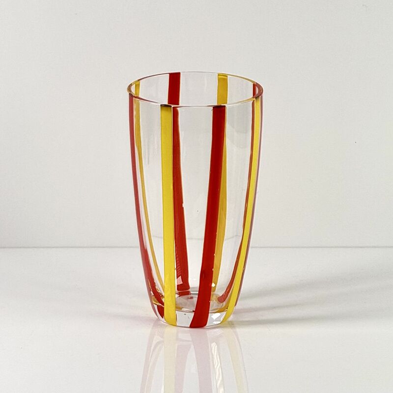 Kalite Hand Blown Colored Cane Striped Glass Tumbler & Bowl Set, Murano Style Red Yellow Vertical Stripe Drinking Cups and Snack Bowl, Lead-Free Art Glass for Water, Juice, Table Decor fabrika