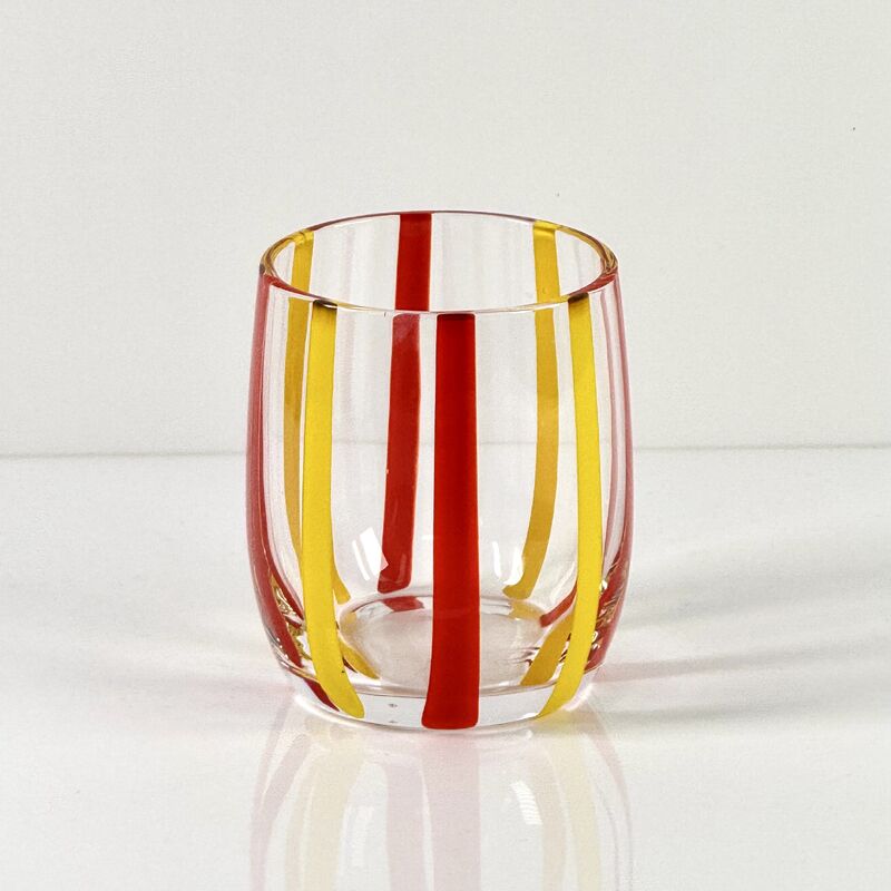 Kalite Hand Blown Colored Cane Striped Glass Tumbler & Bowl Set, Murano Style Red Yellow Vertical Stripe Drinking Cups and Snack Bowl, Lead-Free Art Glass for Water, Juice, Table Decor fabrika