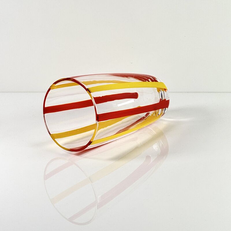 Kalite Hand Blown Colored Cane Striped Glass Tumbler & Bowl Set, Murano Style Red Yellow Vertical Stripe Drinking Cups and Snack Bowl, Lead-Free Art Glass for Water, Juice, Table Decor fabrika