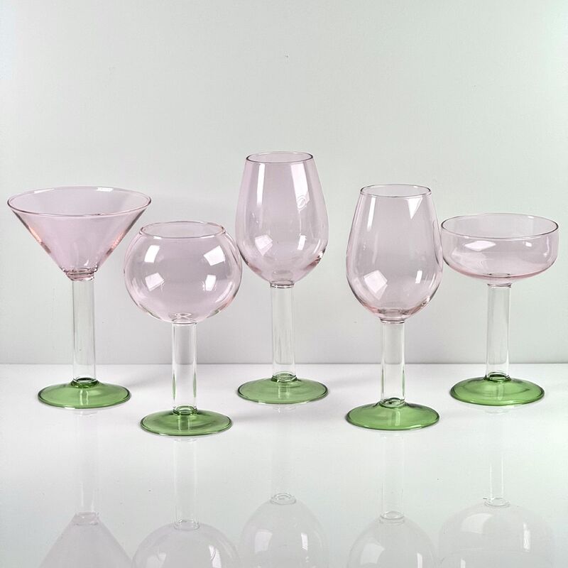 Kalite Hand Blown Borosilicate Stemmed Wine & Cocktail Glass Set, Pink Bowl with Green Hollow Stem Base, Colored Spray Tinted Art Goblets for Bar, Wedding & Table Decor fabrika