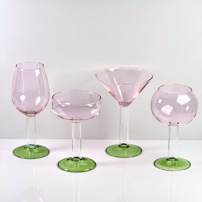 Kalite Hand Blown Borosilicate Stemmed Wine & Cocktail Glass Set, Pink Bowl with Green Hollow Stem Base, Colored Spray Tinted Art Goblets for Bar, Wedding & Table Decor fabrika