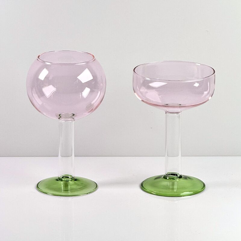 Kalite Hand Blown Borosilicate Stemmed Wine & Cocktail Glass Set, Pink Bowl with Green Hollow Stem Base, Colored Spray Tinted Art Goblets for Bar, Wedding & Table Decor fabrika