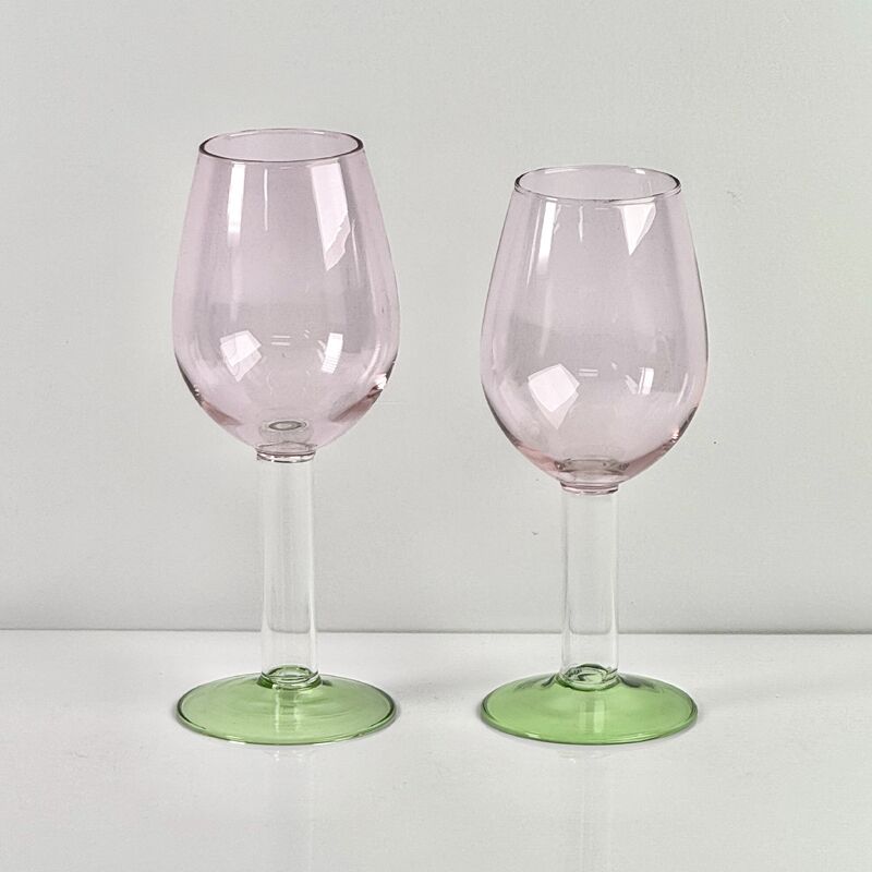 Kalite Hand Blown Borosilicate Stemmed Wine & Cocktail Glass Set, Pink Bowl with Green Hollow Stem Base, Colored Spray Tinted Art Goblets for Bar, Wedding & Table Decor fabrika