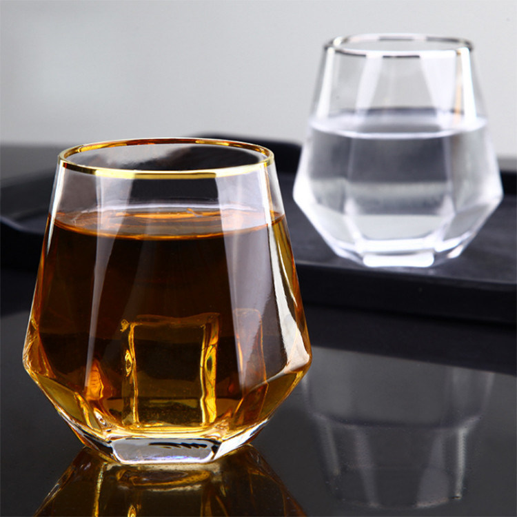 Kalite Diamond Geometric Gold Rim Crystal Glass Tumblers , Glass Drinking Cup Fabrika