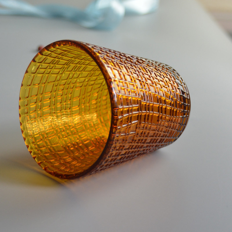 Kalite Embossed Linen Pattern Solid Amber Glass Tea Light Holders Fabrika