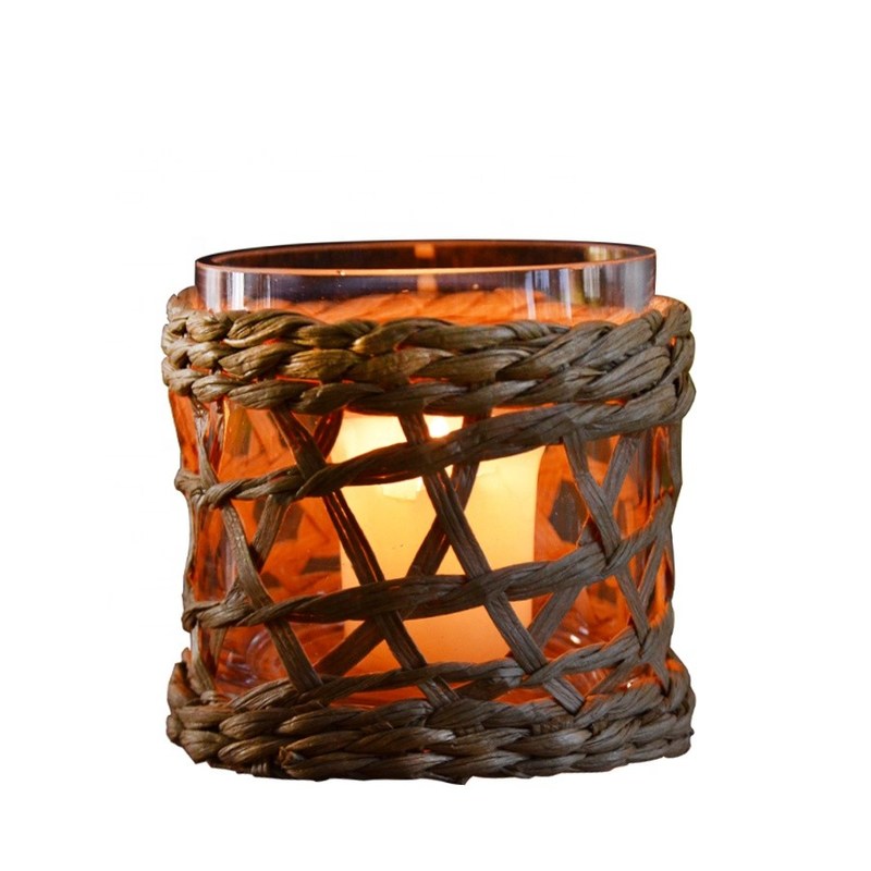 Kalite Round Creative Glass Candle Holders With Wicker Sleeve Fabrika