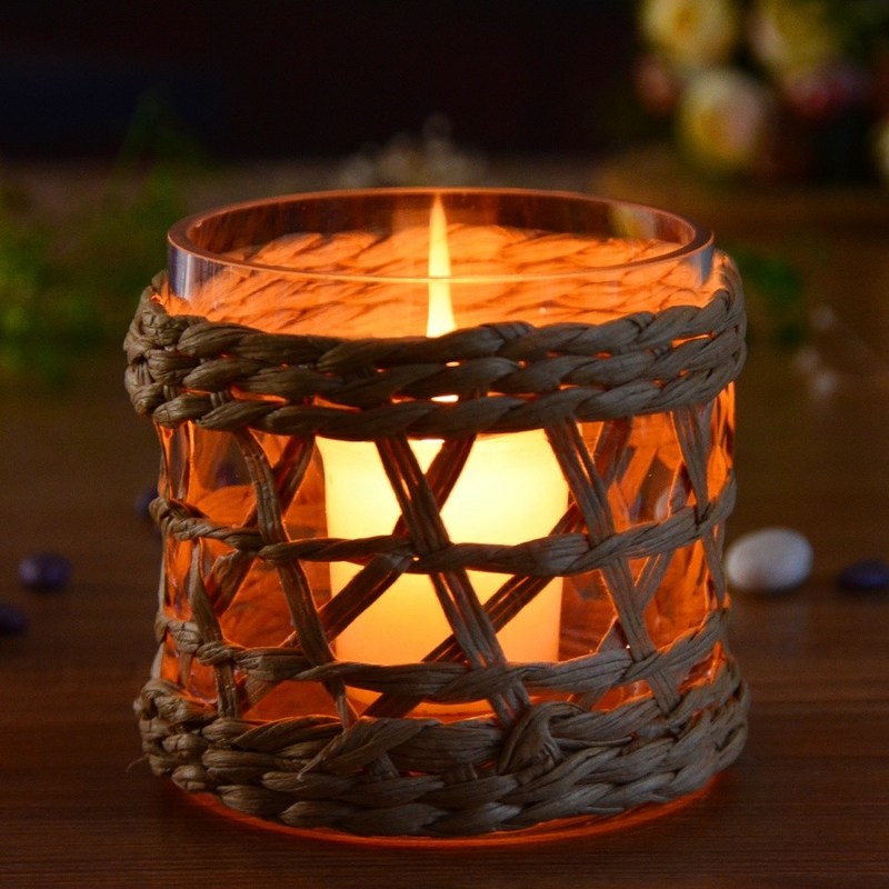 Kalite Round Creative Glass Candle Holders With Wicker Sleeve Fabrika