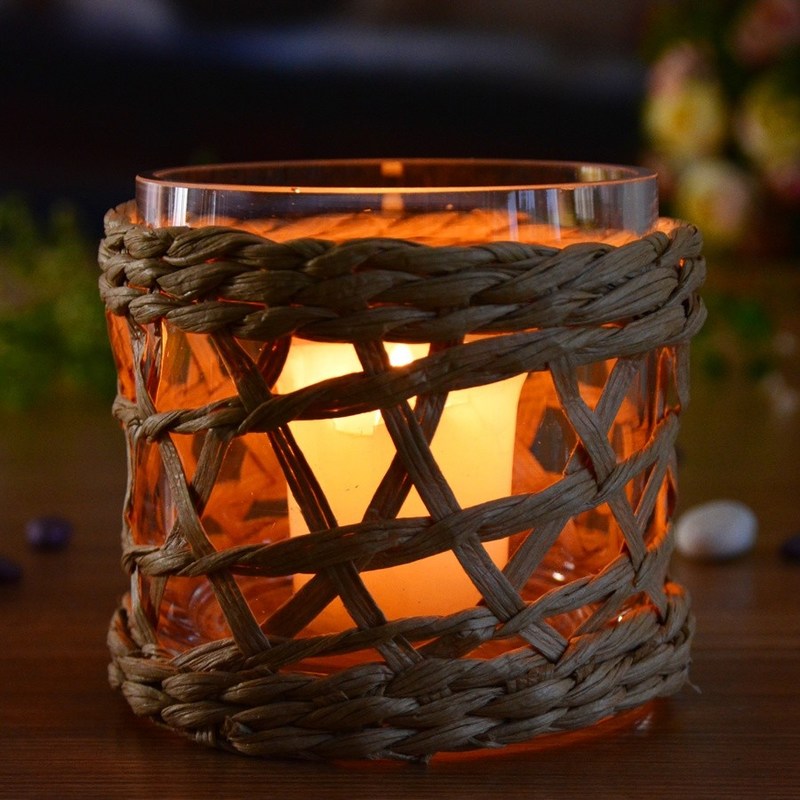Kalite Round Creative Glass Candle Holders With Wicker Sleeve Fabrika