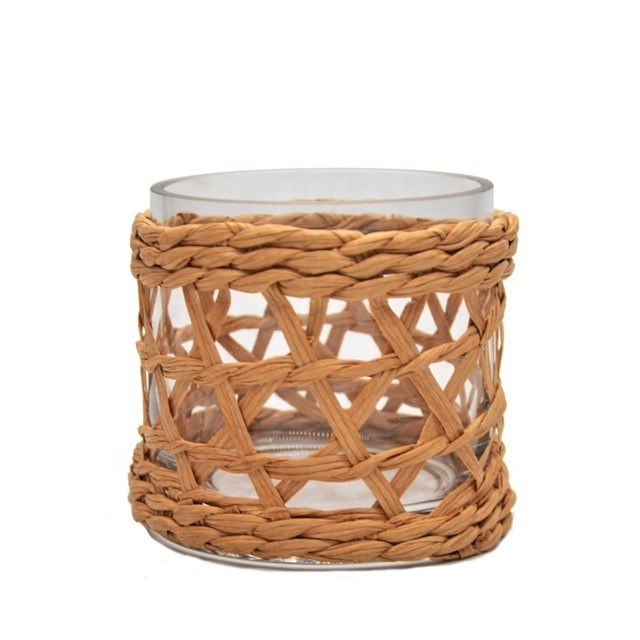 Kalite Round Creative Glass Candle Holders With Wicker Sleeve Fabrika