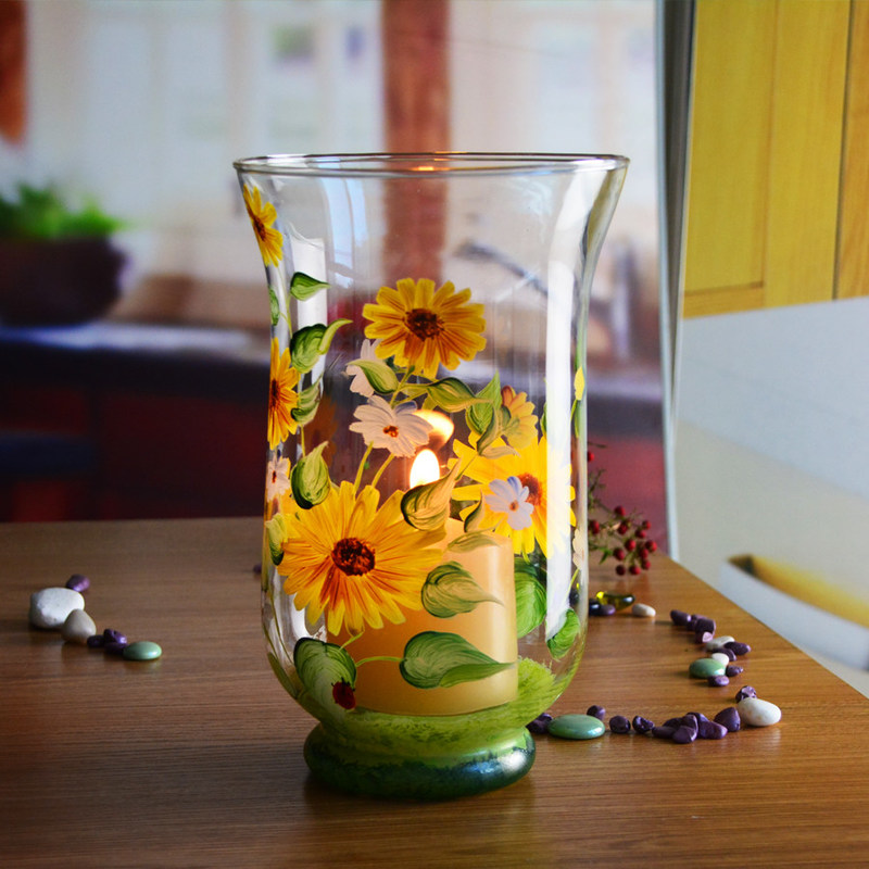 Kalite Hand Painted Sunflower Pattern Glass Candle Holders For Home Fabrika