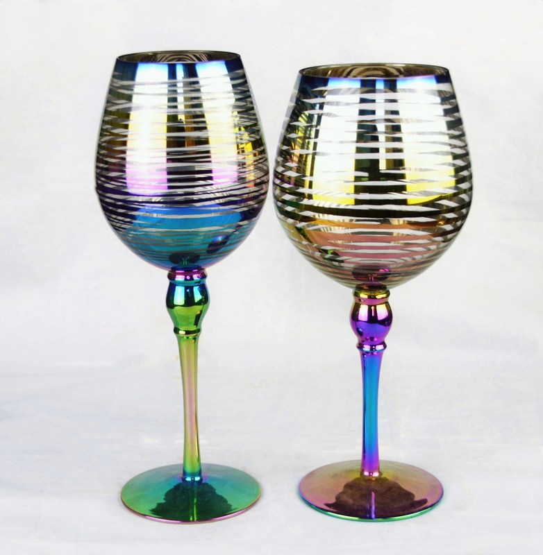 Kalite Laser Circles Pattern Iridescent Crystal Wine Glass With Pearl Stem Fabrika