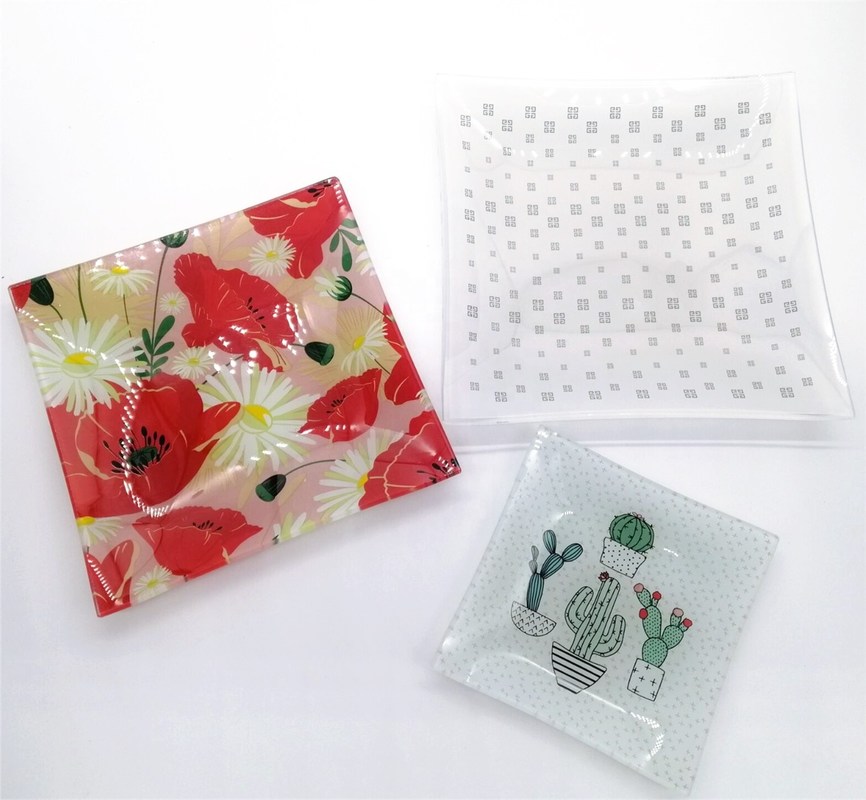 Kalite Tempered Glass Color Printted Square Glass Dish for home Fabrika