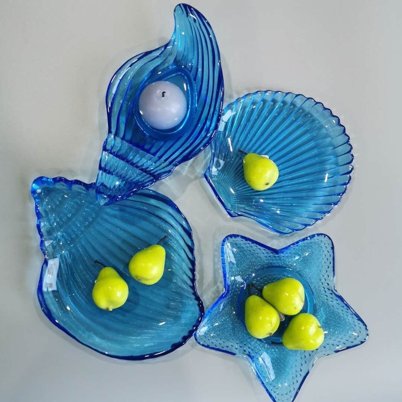 Kalite Ocean Series Sea Shell Blue Glass Charger Plate For Dessert Fabrika
