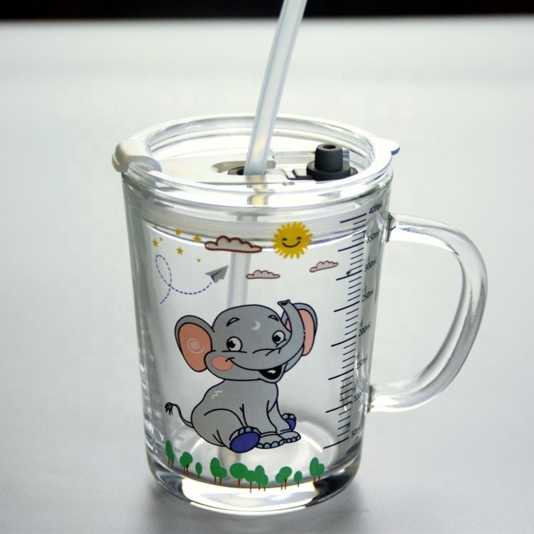 Kalite Cartoon Crystal Drinking Glass With Lid And Silicate Straw Fabrika