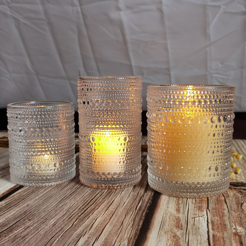 Kalite Customized Embossed Beads Strings Glass Votive Candle Holders ,  Glass Cylinder Candle Holders Fabrika