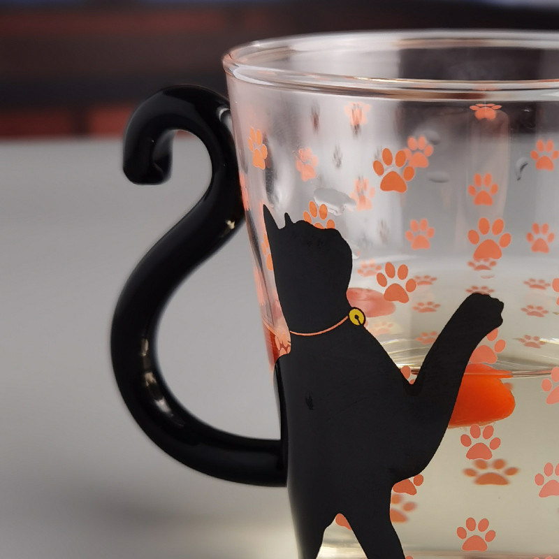 Kalite Borosilicate Black Cat Tea Glass Mug With Color Tail Handle Fabrika