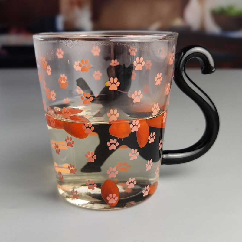 Kalite Borosilicate Black Cat Tea Glass Mug With Color Tail Handle Fabrika