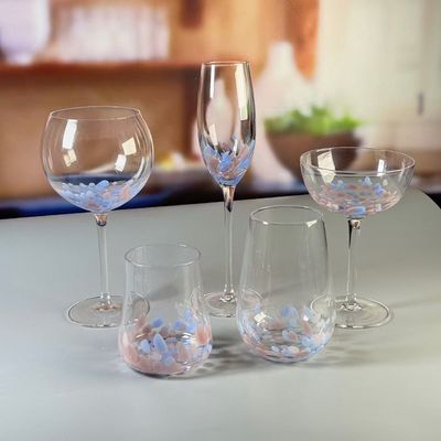 Kalite Customized Hand Blowned Half-confetti Lead Free Crystal Wine Glass Set Fabrika
