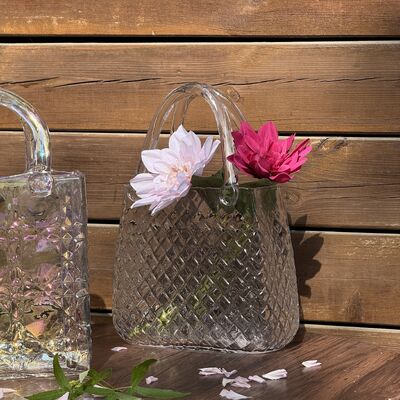 Kalite Hand-Blown Diamond Pattern Glass Handbag Vase - Versatile Decorative Centerpiece for Home & Wedding Decor Fabrika