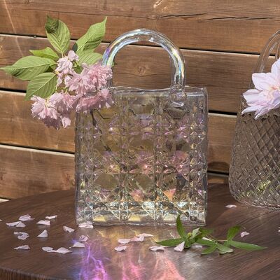 Kalite Hand-Blown Diamond Pattern Glass Handbag Vase - Versatile Decorative Centerpiece for Home & Wedding Decor Fabrika