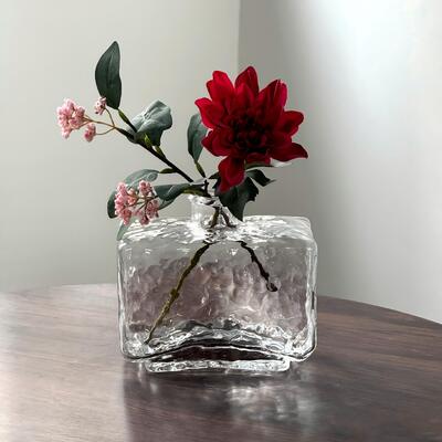 Kalite Rectangular Clear Hammered Glass Vase - Modern Minimalist Decorative Flower Vase for Table Centerpiece Fabrika