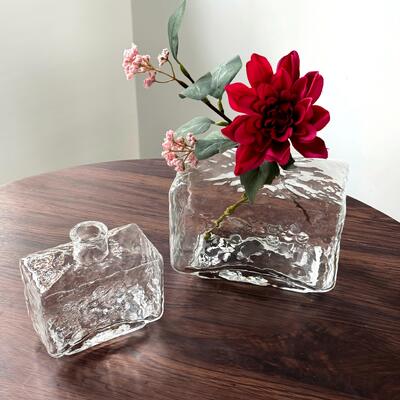 Kalite Rectangular Clear Hammered Glass Vase - Modern Minimalist Decorative Flower Vase for Table Centerpiece Fabrika