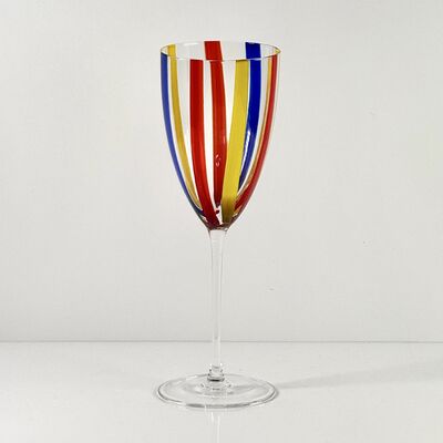Kalite Hand Blown Art Glass Goblet & Coupe Glass Set, Vibrant Red Yellow Blue Vertical Cane Stripes Murano Style Stemmed Wine & Martini Glasses for Bar, Party & Gift fabrika