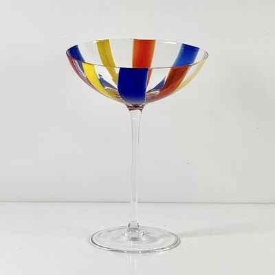 Kalite Hand Blown Art Glass Goblet & Coupe Glass Set, Vibrant Red Yellow Blue Vertical Cane Stripes Murano Style Stemmed Wine & Martini Glasses for Bar, Party & Gift fabrika