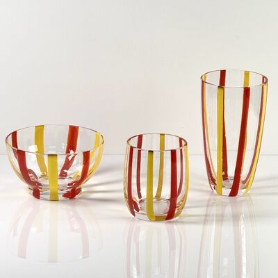 Kalite Hand Blown Colored Cane Striped Glass Tumbler & Bowl Set, Murano Style Red Yellow Vertical Stripe Drinking Cups and Snack Bowl, Lead-Free Art Glass for Water, Juice, Table Decor fabrika