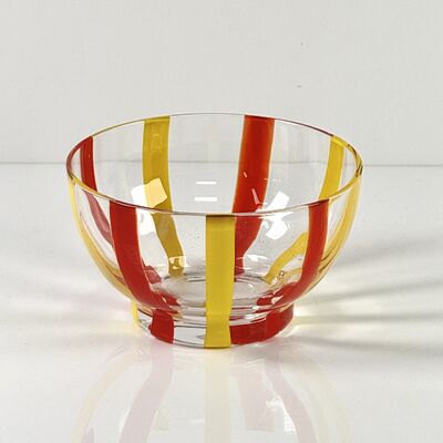 Kalite Hand Blown Colored Cane Striped Glass Tumbler & Bowl Set, Murano Style Red Yellow Vertical Stripe Drinking Cups and Snack Bowl, Lead-Free Art Glass for Water, Juice, Table Decor fabrika