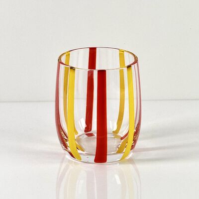 Kalite Hand Blown Colored Cane Striped Glass Tumbler & Bowl Set, Murano Style Red Yellow Vertical Stripe Drinking Cups and Snack Bowl, Lead-Free Art Glass for Water, Juice, Table Decor fabrika