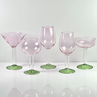 Kalite Hand Blown Borosilicate Stemmed Wine & Cocktail Glass Set, Pink Bowl with Green Hollow Stem Base, Colored Spray Tinted Art Goblets for Bar, Wedding & Table Decor fabrika