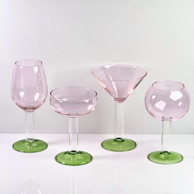 Kalite Hand Blown Borosilicate Stemmed Wine & Cocktail Glass Set, Pink Bowl with Green Hollow Stem Base, Colored Spray Tinted Art Goblets for Bar, Wedding & Table Decor fabrika