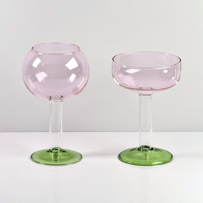 Kalite Hand Blown Borosilicate Stemmed Wine & Cocktail Glass Set, Pink Bowl with Green Hollow Stem Base, Colored Spray Tinted Art Goblets for Bar, Wedding & Table Decor fabrika