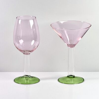 Kalite Hand Blown Borosilicate Stemmed Wine & Cocktail Glass Set, Pink Bowl with Green Hollow Stem Base, Colored Spray Tinted Art Goblets for Bar, Wedding & Table Decor fabrika