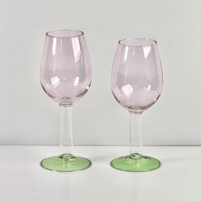 Kalite Hand Blown Borosilicate Stemmed Wine & Cocktail Glass Set, Pink Bowl with Green Hollow Stem Base, Colored Spray Tinted Art Goblets for Bar, Wedding & Table Decor fabrika
