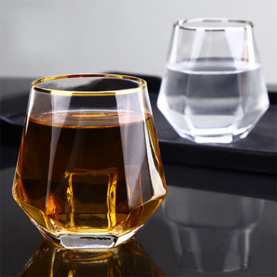 Kalite Diamond Geometric Gold Rim Crystal Glass Tumblers , Glass Drinking Cup Fabrika