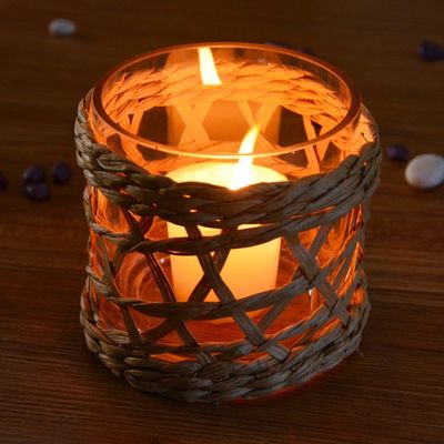 Kalite Round Creative Glass Candle Holders With Wicker Sleeve Fabrika