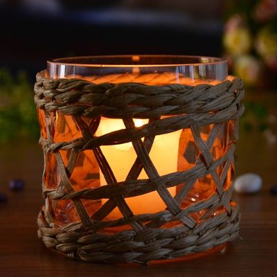 Kalite Round Creative Glass Candle Holders With Wicker Sleeve Fabrika