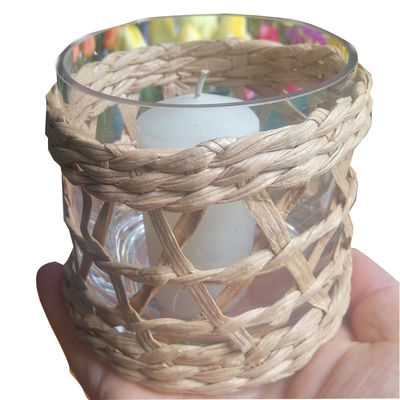 Kalite Round Creative Glass Candle Holders With Wicker Sleeve Fabrika
