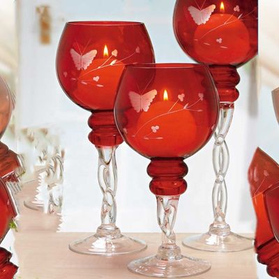 Kalite Hand Cutted Design Red Glass Candle Holders With Color Long Stem Fabrika
