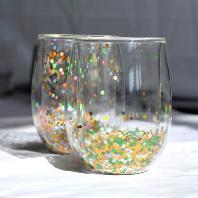 Kalite 13oz Customized Borosilicate Double Wall Tumbler Drinking Glasses With Colorful Glitter Inside Fabrika
